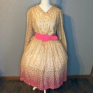Vintage 70s Beige Long Sleeve Dress - Pink Floral